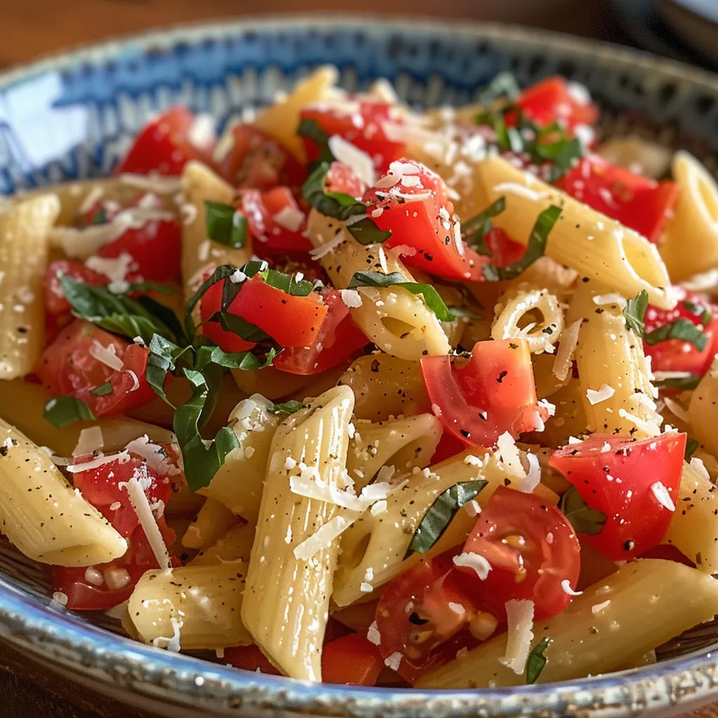 ['Ensalada de pasta con tomates, mozzarella y albahaca.', 'Close-up de una ensalada de pasta con ingredientes frescos.', 'Vista lateral de una ensalada de penne con tomates y queso.', 'Detalle de la ensalada de pasta con aderezo de limón y ajo.']