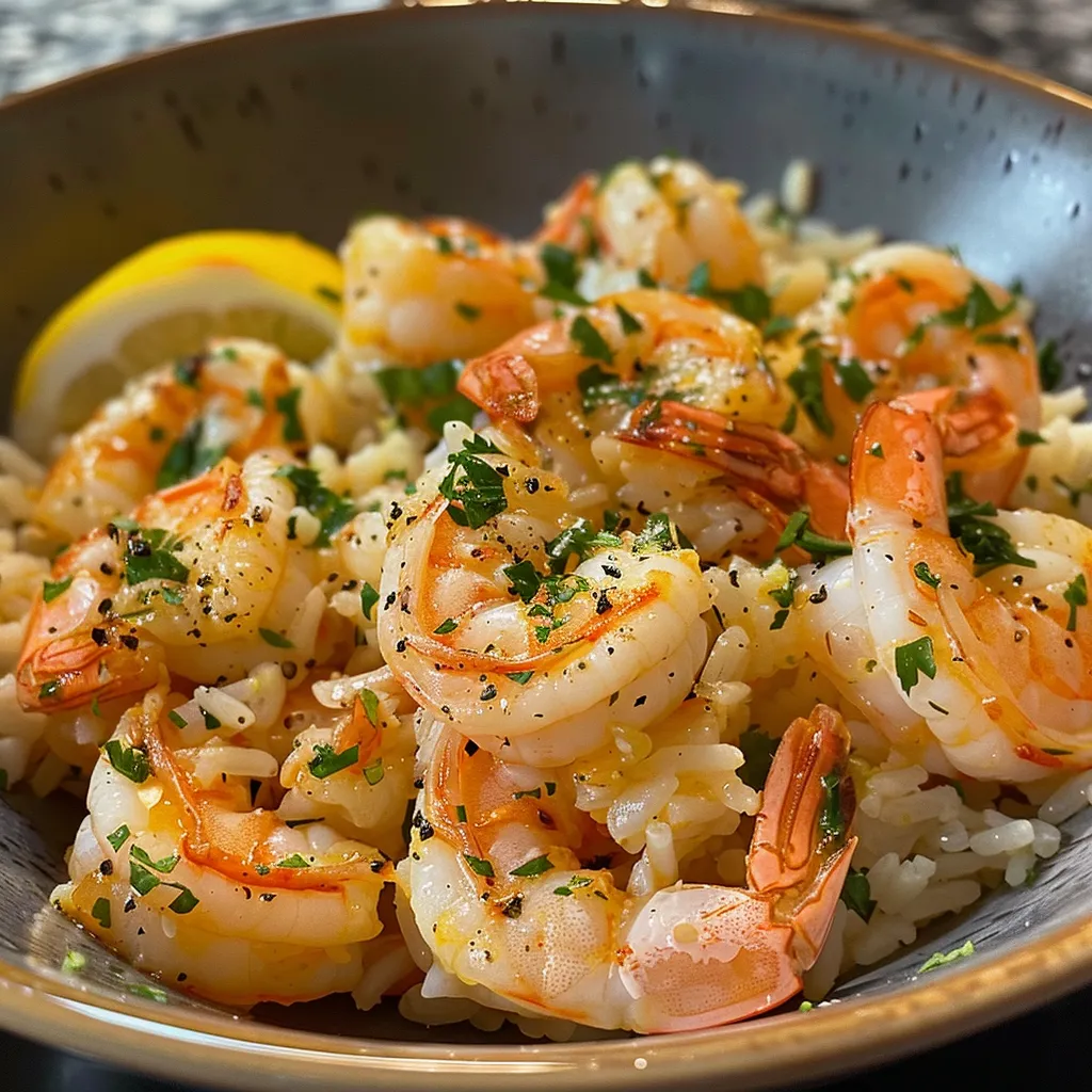 ['Platos de camarones al limón con arroz en una mesa.', 'Primer plano de camarones y arroz jugosos con limón y ajo.', 'Camarones al limón acompañados de arroz en un plato.', 'Comida deliciosa de camarones y arroz vista desde un lado.']