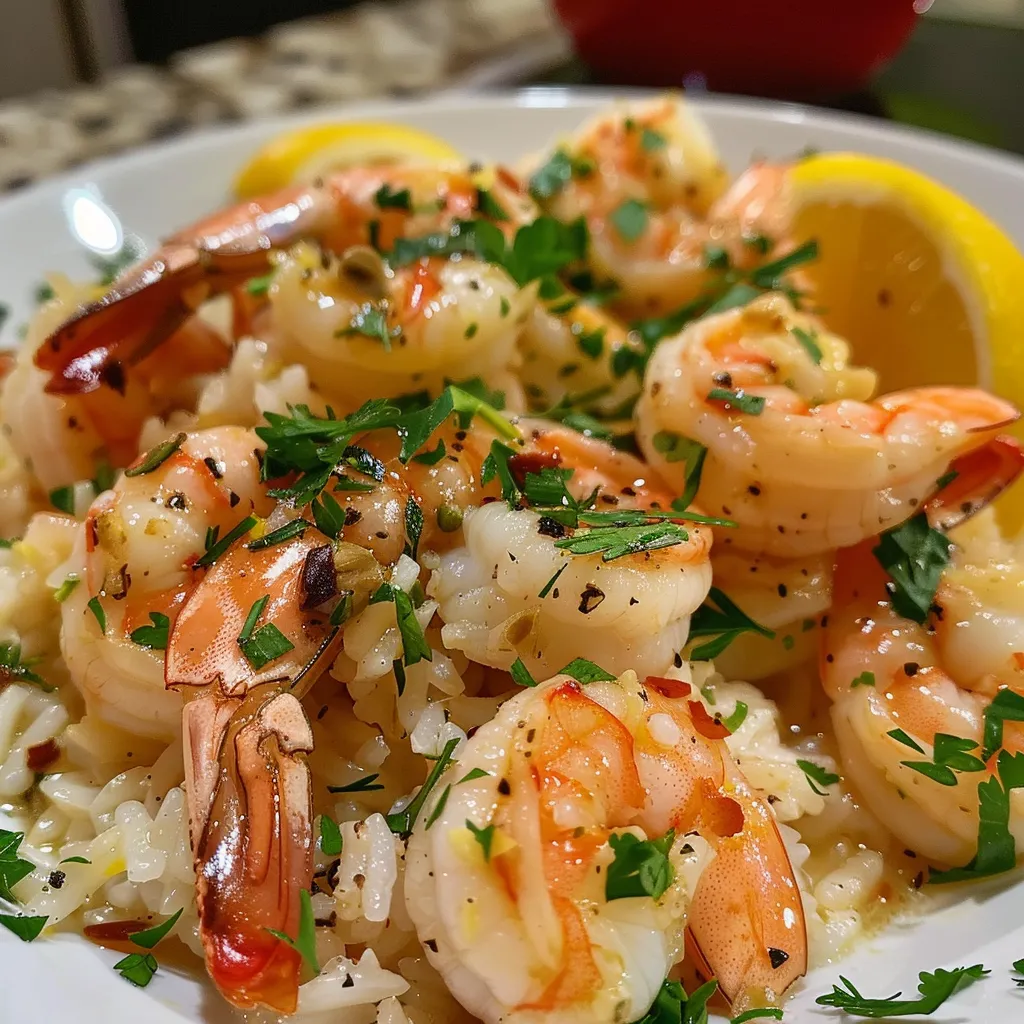 Platos de camarones al limón con arroz en una mesa.