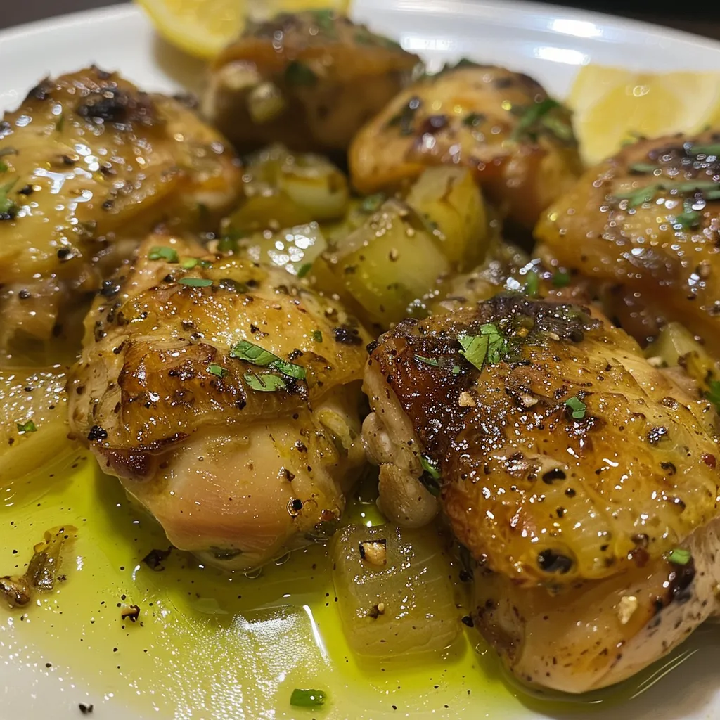 ['Pechugas de pollo al limón y ajo, jugosas y doradas.', 'Primer plano de pollo al limón y ajo con hierbas frescas.', 'Pollo al limón y ajo servido en un plato, decorado con perejil.', 'Receta de pollo al limón y ajo, mostrando su textura jugosa.']