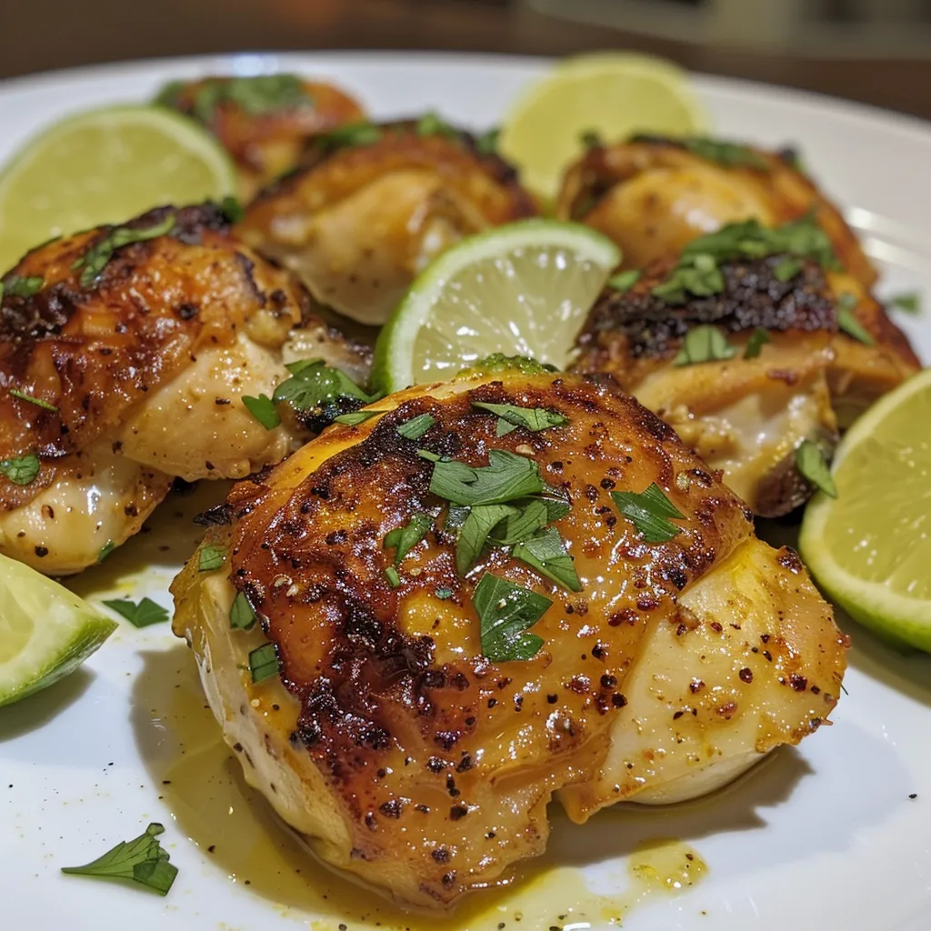 ['Pechugas de pollo al limón y ajo, jugosas y doradas.', 'Primer plano de pollo al limón y ajo con hierbas frescas.', 'Pollo al limón y ajo servido en un plato, decorado con perejil.', 'Receta de pollo al limón y ajo, mostrando su textura jugosa.']