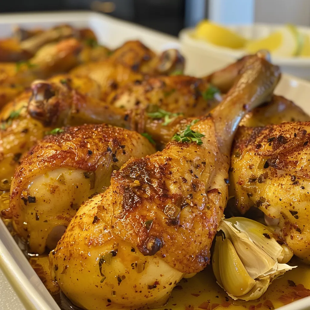 ['Pollo al horno con pimentón, jugoso y dorado.', 'Vista lateral del pollo al horno con pimentón.', 'Plato de pollo al horno con un color dorado brillante.', 'Detalle del pollo al horno sazonado con pimentón.']