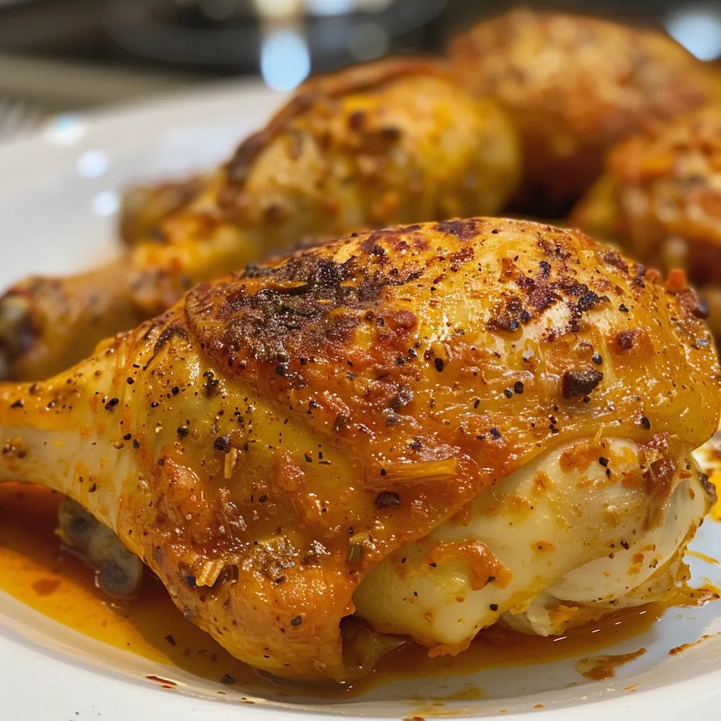 ['Pollo al horno con pimentón, jugoso y dorado.', 'Vista lateral del pollo al horno con pimentón.', 'Plato de pollo al horno con un color dorado brillante.', 'Detalle del pollo al horno sazonado con pimentón.']