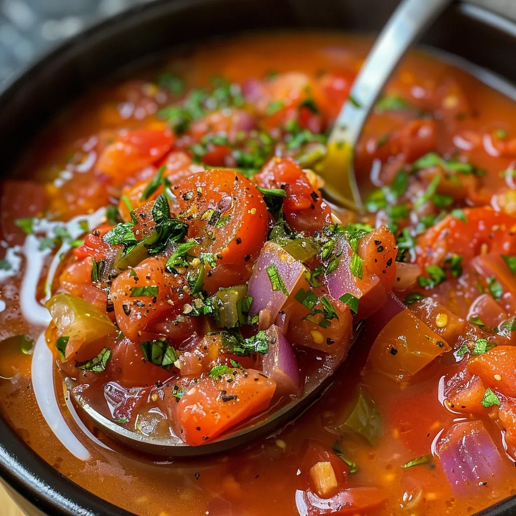 ['Sopa de tomate vegana cremosa en un tazón, decorada con albahaca fresca.', 'Primer plano de una deliciosa sopa de tomate hecha con tomates frescos.', 'Sopa vegana cremosa de tomate servida en un plato, con ingredientes frescos a su alrededor.', 'Tazón de sopa de tomate vegana con un toque de aceite de oliva y especias.']