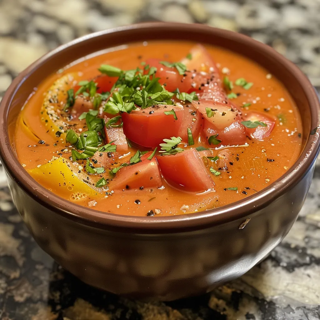 ['Sopa de tomate vegana cremosa en un tazón, decorada con albahaca fresca.', 'Primer plano de una deliciosa sopa de tomate hecha con tomates frescos.', 'Sopa vegana cremosa de tomate servida en un plato, con ingredientes frescos a su alrededor.', 'Tazón de sopa de tomate vegana con un toque de aceite de oliva y especias.']