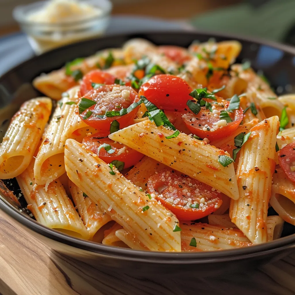 ['Pasta cremosa de tomate y albahaca en un plato.', 'Primer plano de pasta con salsa de tomate y albahaca fresca.', 'Tazón de pasta cremosa con tomates cherry y albahaca.', 'Pasta con salsa cremosa, acompañada de hojas de albahaca.']