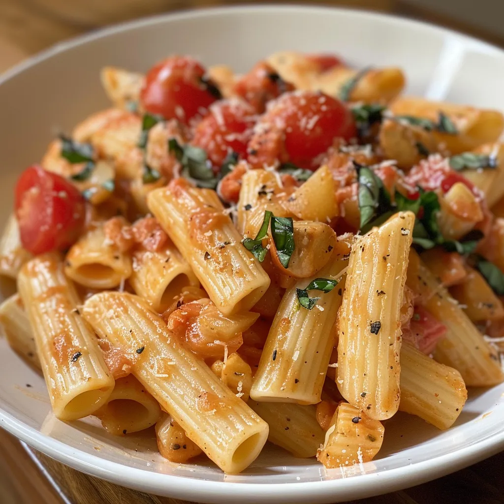 ['Pasta cremosa de tomate y albahaca en un plato.', 'Primer plano de pasta con salsa de tomate y albahaca fresca.', 'Tazón de pasta cremosa con tomates cherry y albahaca.', 'Pasta con salsa cremosa, acompañada de hojas de albahaca.']