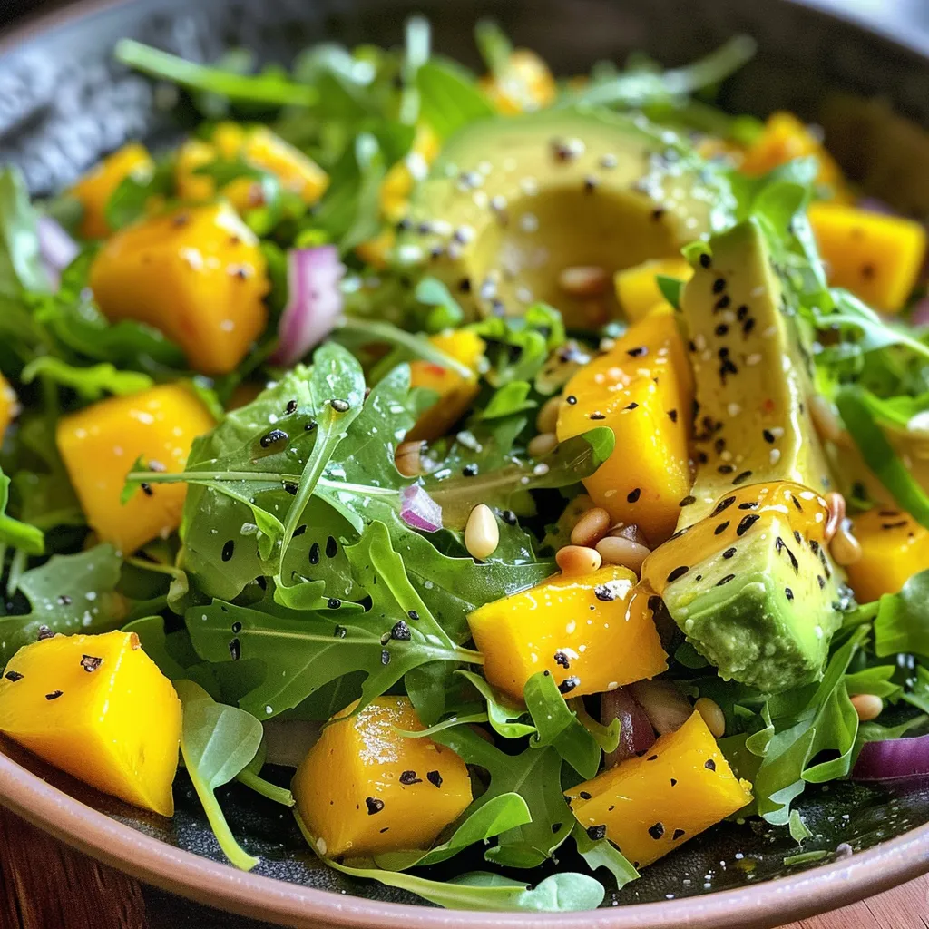 ['Ensalada de aguacate y mango servida en un bol.', 'Primer plano de una fresca ensalada de aguacate y mango.', 'Vista lateral de ensalada colorida con aguacate y mango.', 'Ensalada de aguacate y mango con ingredientes frescos.']