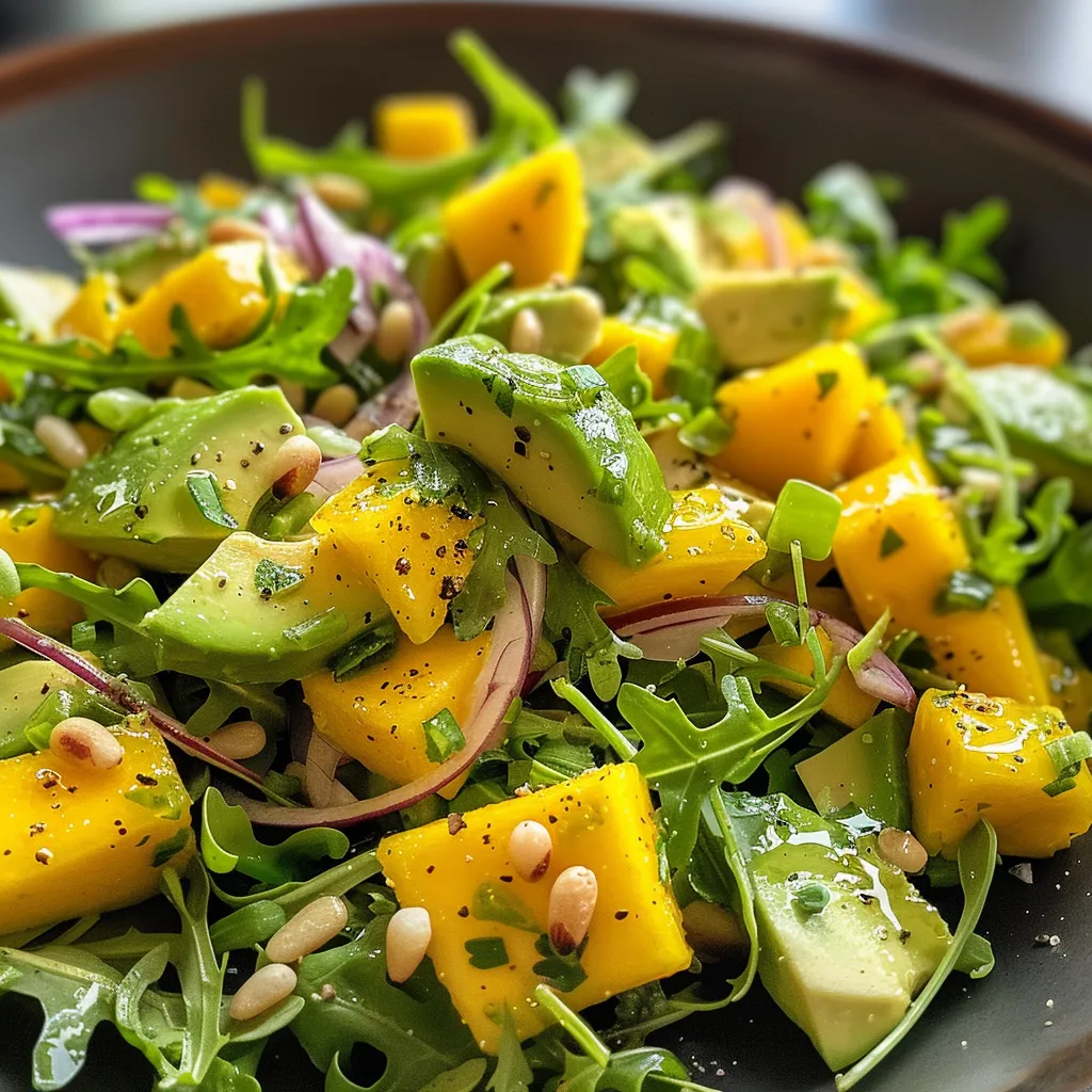 ['Ensalada de aguacate y mango servida en un bol.', 'Primer plano de una fresca ensalada de aguacate y mango.', 'Vista lateral de ensalada colorida con aguacate y mango.', 'Ensalada de aguacate y mango con ingredientes frescos.']