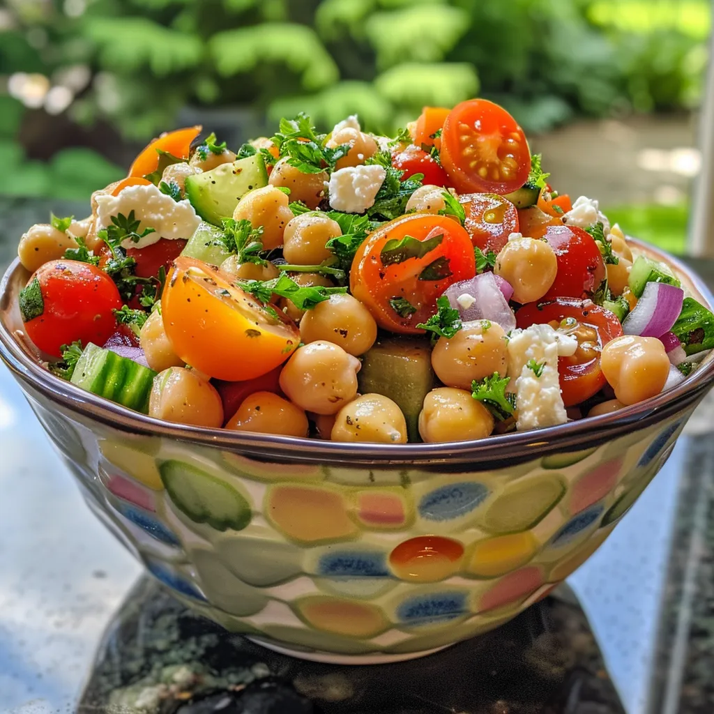 ['Ensalada de garbanzos con vegetales frescos y aderezo.', 'Primer plano de una ensalada de garbanzos colorida.', 'Ensalada fácil de garbanzos con tomate y pepino.', 'Mezcla de garbanzos y verduras en un plato atractivo.']