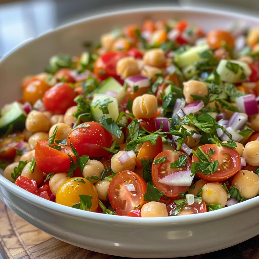['Ensalada de garbanzos con vegetales frescos y aderezo.', 'Primer plano de una ensalada de garbanzos colorida.', 'Ensalada fácil de garbanzos con tomate y pepino.', 'Mezcla de garbanzos y verduras en un plato atractivo.']