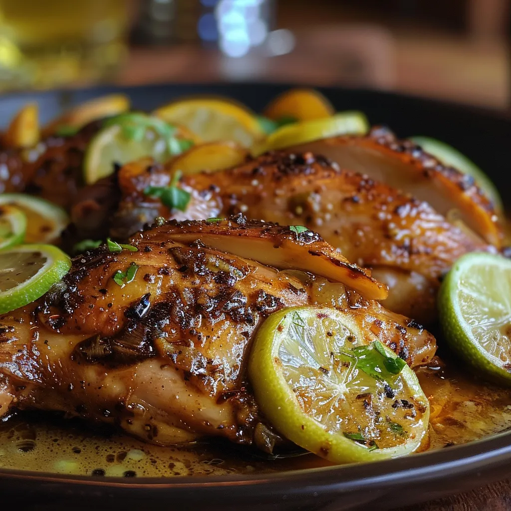 ['Pollo al horno con limón, tomillo y patatas doradas.', 'Plato de pollo al horno acompañado de limones y hierbas.', 'Cuartos traseros de pollo asados con ingredientes frescos.', 'Detalle de pollo al horno con tomillo y patatas.']