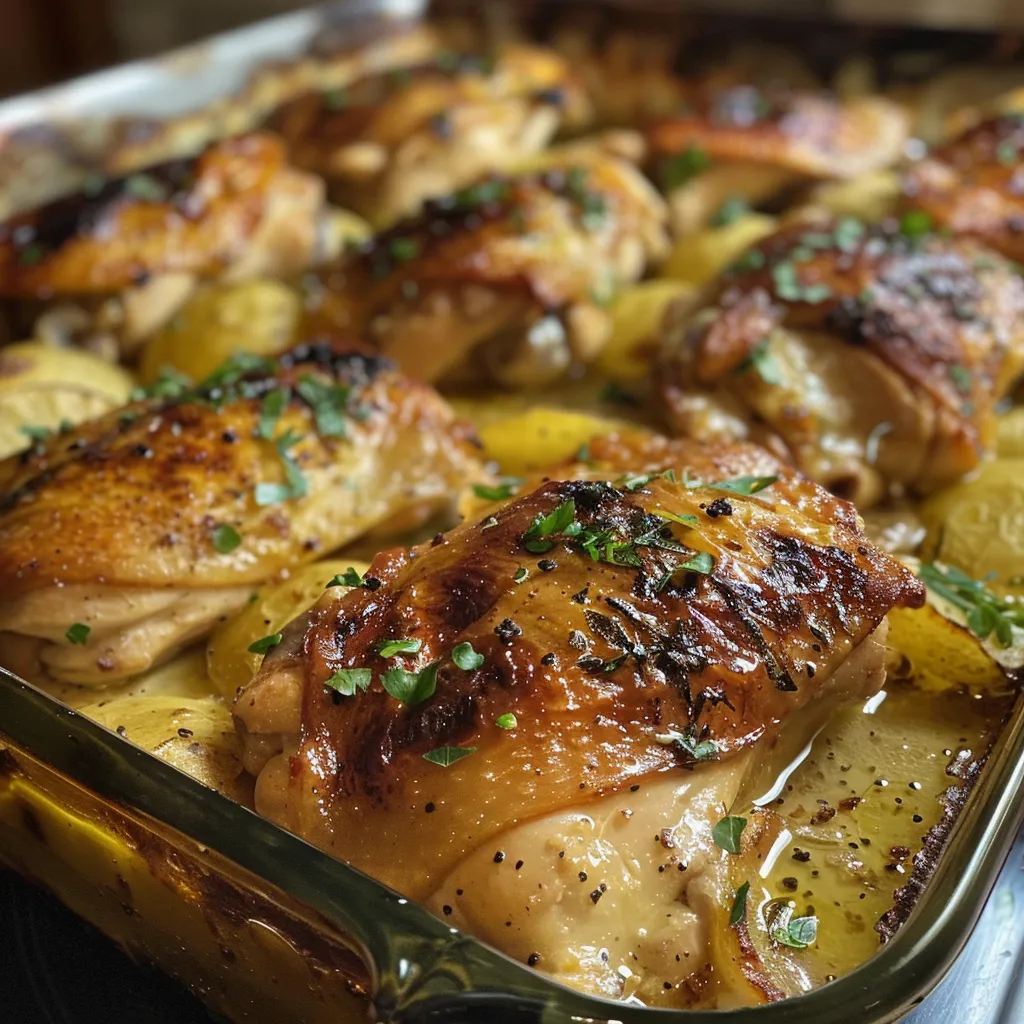 ['Pollo al horno con limón, tomillo y patatas doradas.', 'Plato de pollo al horno acompañado de limones y hierbas.', 'Cuartos traseros de pollo asados con ingredientes frescos.', 'Detalle de pollo al horno con tomillo y patatas.']