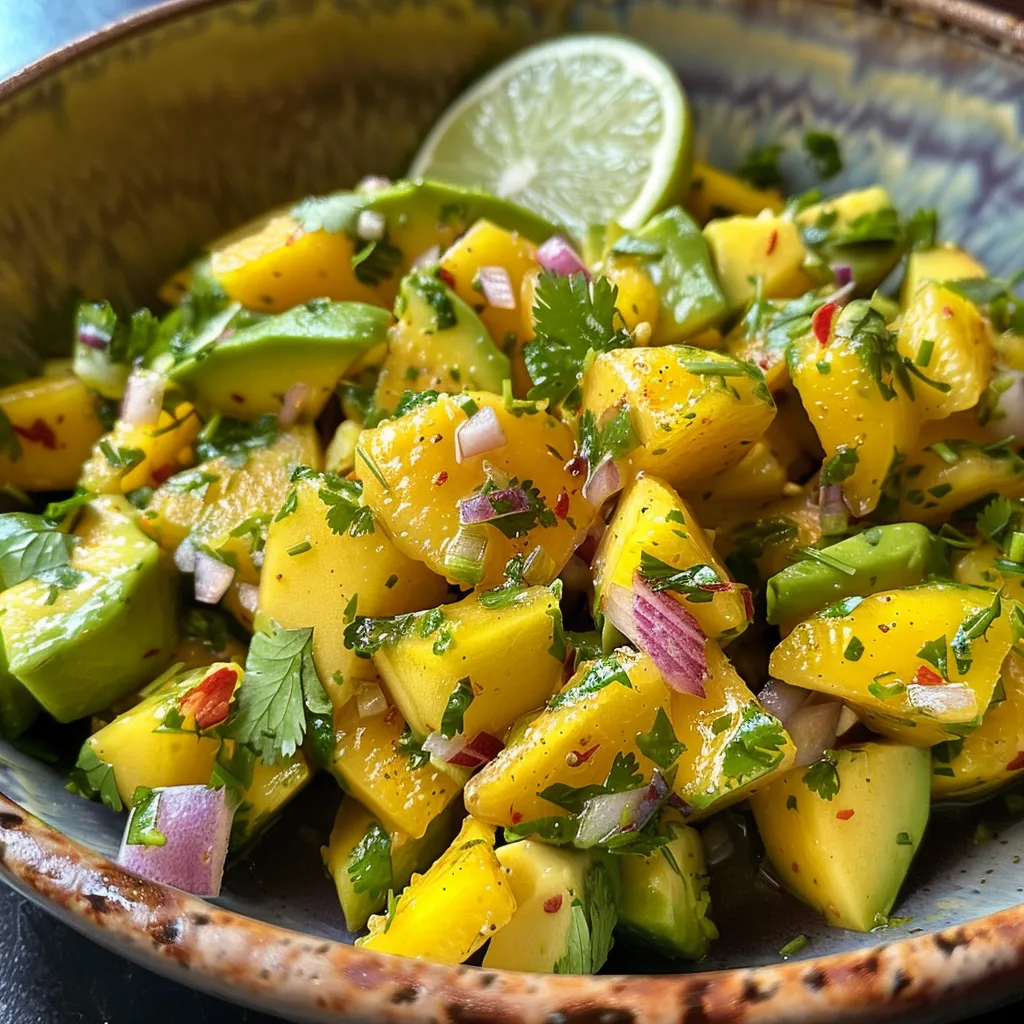 ['Ensalada de quinua con mango, aguacate y fréjol negro en un plato.', 'Primer plano de ensalada colorida con quinua, mango y aguacate.', 'Vista lateral de ensalada fresca de quinua y ingredientes variados.', 'Detalle de ensalada de quinua con aguacate, mango y fréjol negro.']