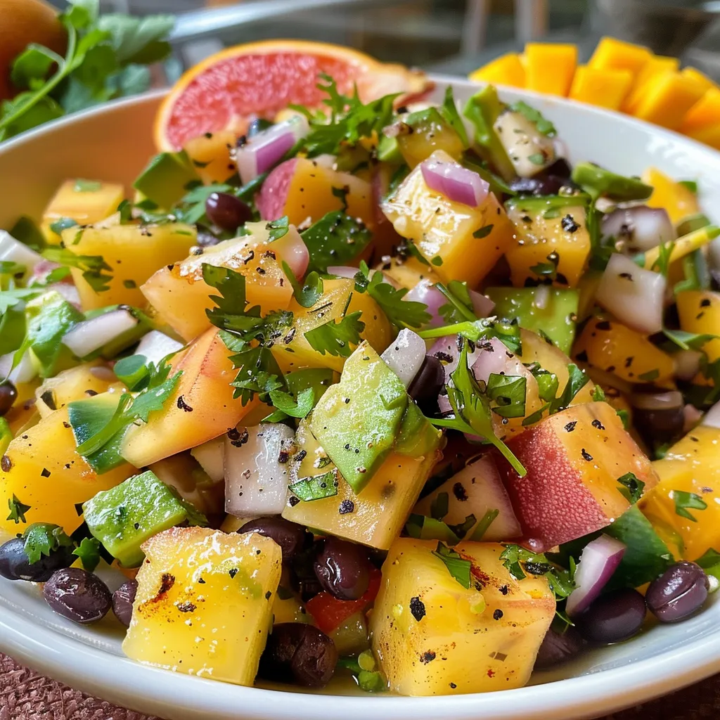 ['Ensalada de quinua con mango, aguacate y fréjol negro en un plato.', 'Primer plano de ensalada colorida con quinua, mango y aguacate.', 'Vista lateral de ensalada fresca de quinua y ingredientes variados.', 'Detalle de ensalada de quinua con aguacate, mango y fréjol negro.']