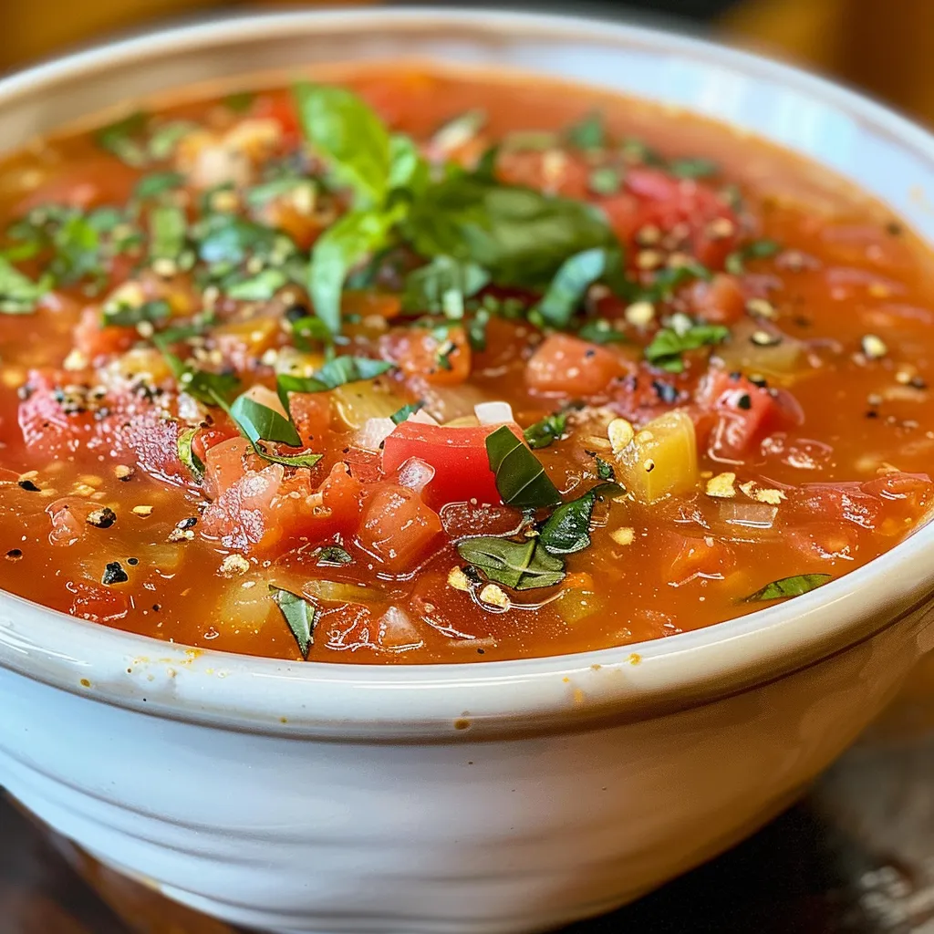 ['Sopa de tomate y pimientos asados en un tazón, con decoración de crema y queso.', 'Primer plano de una deliciosa sopa de tomate y pimientos asados, servida caliente.', 'Tazón de sopa de tomate y pimientos asados, con ingredientes frescos al fondo.', 'Sopa cremosa de tomate y pimientos asados en una mesa, lista para disfrutar.']