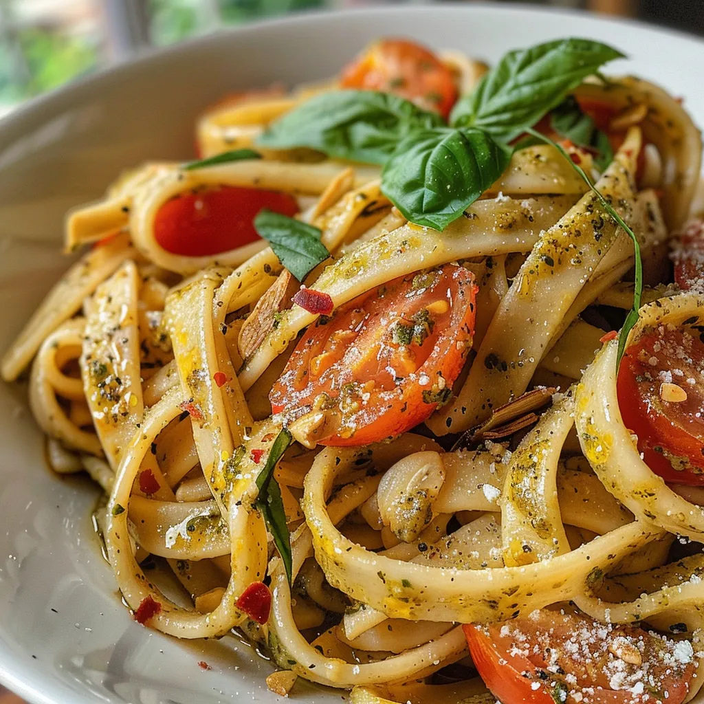 ['Pasta al pesto trapanese con tomates y almendras.', 'Plato de pasta con salsa de pesto siciliano.', 'Close up de pasta al pesto con ingredientes frescos.', 'Espaguetis con pesto alla trapanese y vegetales.']