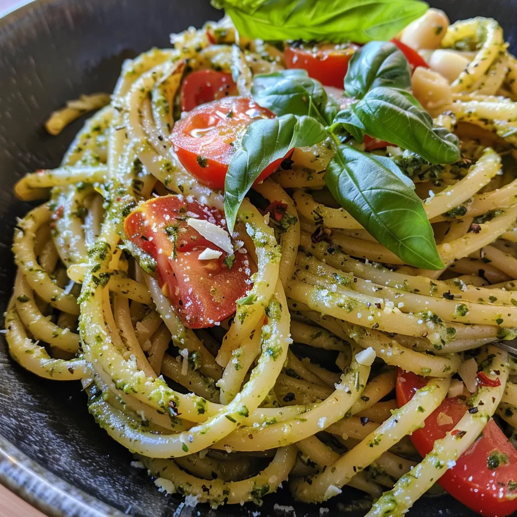 ['Pasta al pesto trapanese con tomates y almendras.', 'Plato de pasta con salsa de pesto siciliano.', 'Close up de pasta al pesto con ingredientes frescos.', 'Espaguetis con pesto alla trapanese y vegetales.']