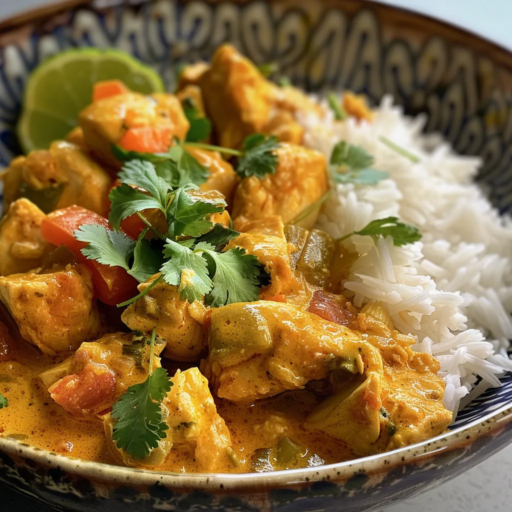 ['Tazón de Pollo al Curry con salsa cremosa y color vibrante.', 'Close up de Pollo al Curry en un plato, mostrando su textura jugosa.', 'Detalle de un plato de Pollo al Curry, resaltando los ingredientes frescos.', 'Vista lateral de Pollo al Curry, con salsa aterciopelada y color intensa.']