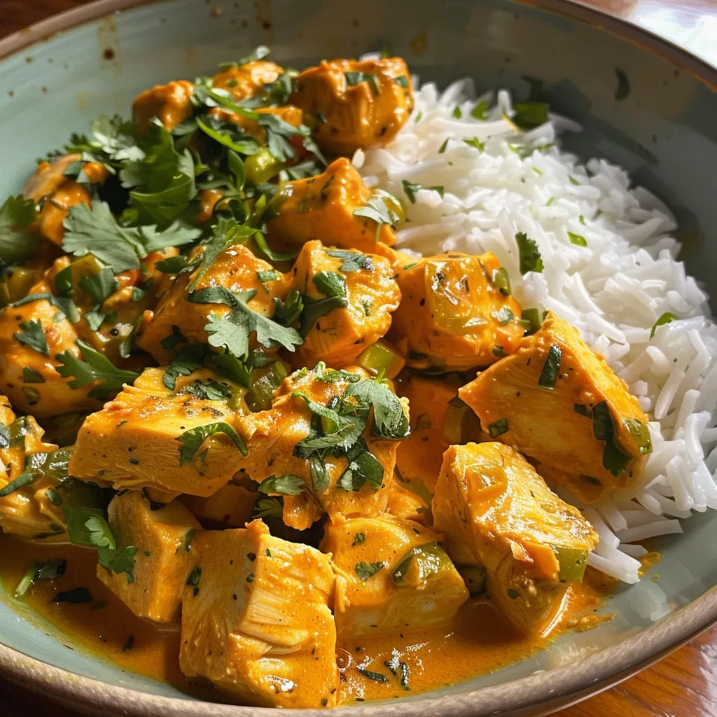 ['Tazón de Pollo al Curry con salsa cremosa y color vibrante.', 'Close up de Pollo al Curry en un plato, mostrando su textura jugosa.', 'Detalle de un plato de Pollo al Curry, resaltando los ingredientes frescos.', 'Vista lateral de Pollo al Curry, con salsa aterciopelada y color intensa.']
