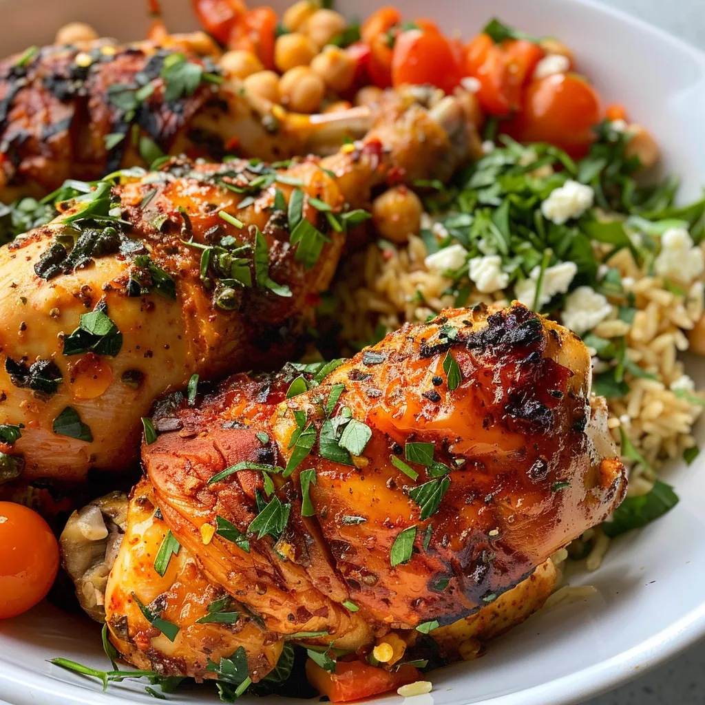 ['Pollo griego con arroz al limón y verduras en un plato.', 'Vista lateral de pollo al horno con arroz y espinacas.', 'Plato de pollo griego acompañado de arroz al limón y tomates.', 'Delicioso pollo con arroz y vegetales frescos en un bol.']