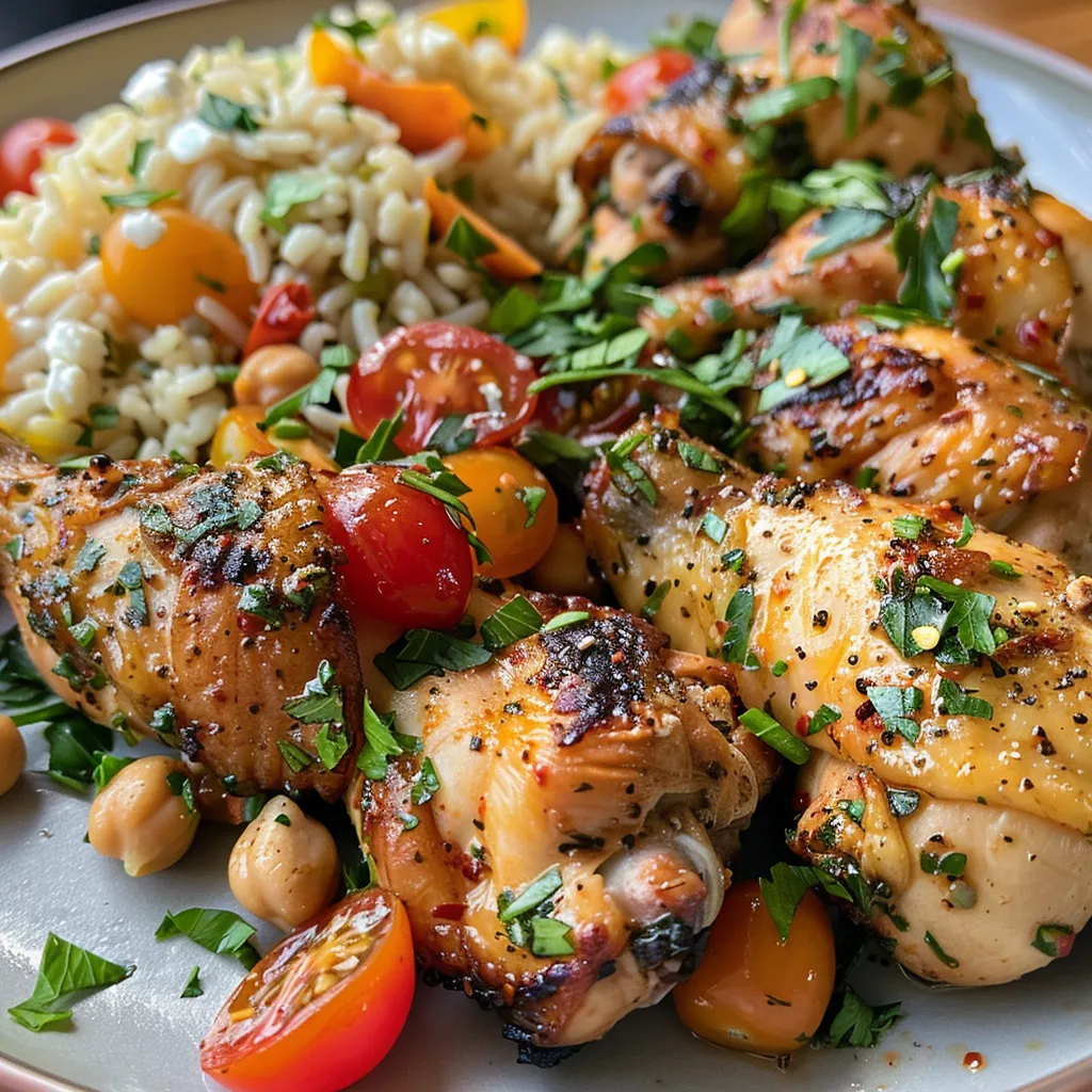 ['Pollo griego con arroz al limón y verduras en un plato.', 'Vista lateral de pollo al horno con arroz y espinacas.', 'Plato de pollo griego acompañado de arroz al limón y tomates.', 'Delicioso pollo con arroz y vegetales frescos en un bol.']