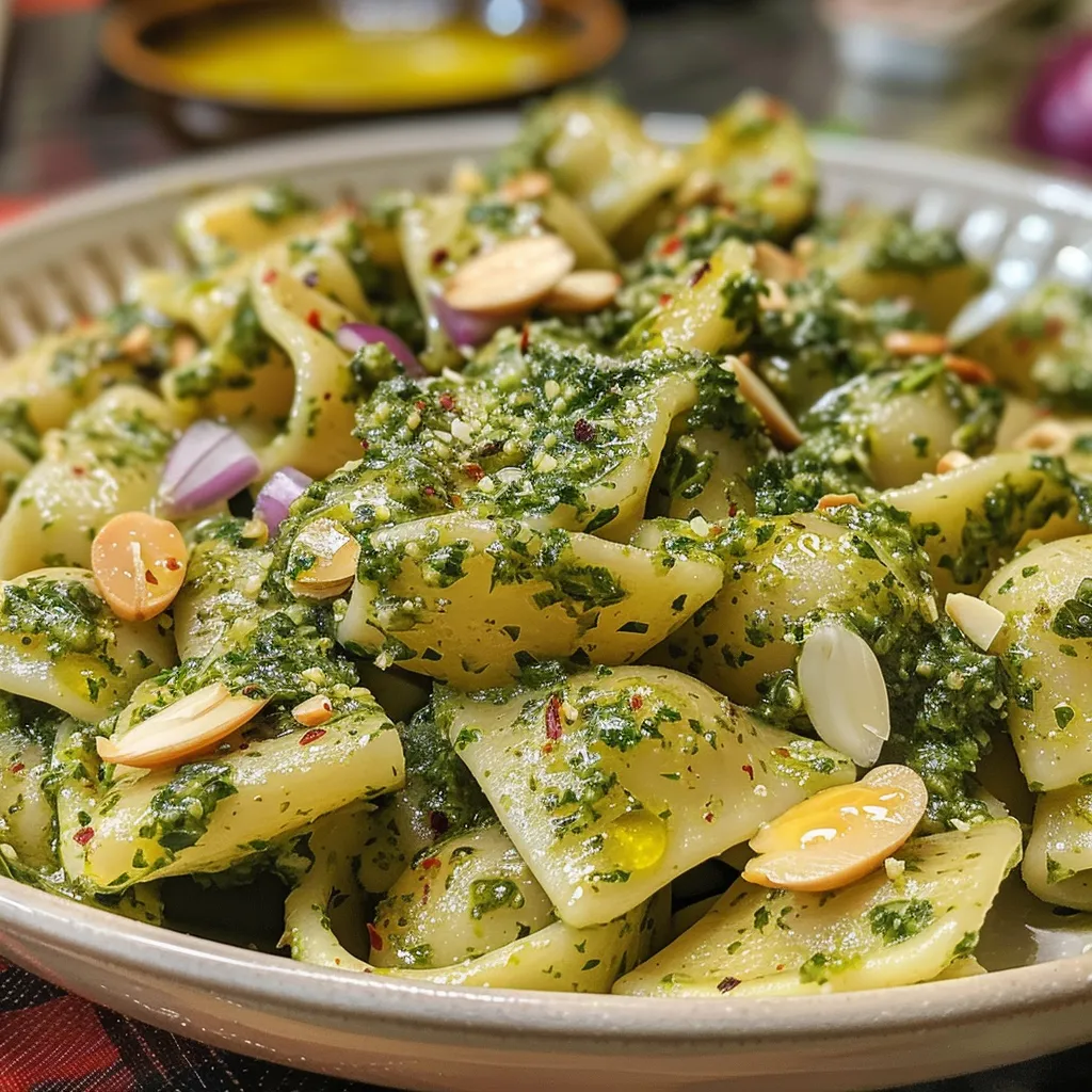 ['Pasta con pesto de cilantro, vista lateral, en un plato.', 'Close-up de pasta cremosa con salsa de cilantro y almendras.', 'Tazón con pasta pesto de cilantro, mostrando su textura cremosa.', 'Pasta decorada con salsa de cilantro y almendras, vista apetitosa.']