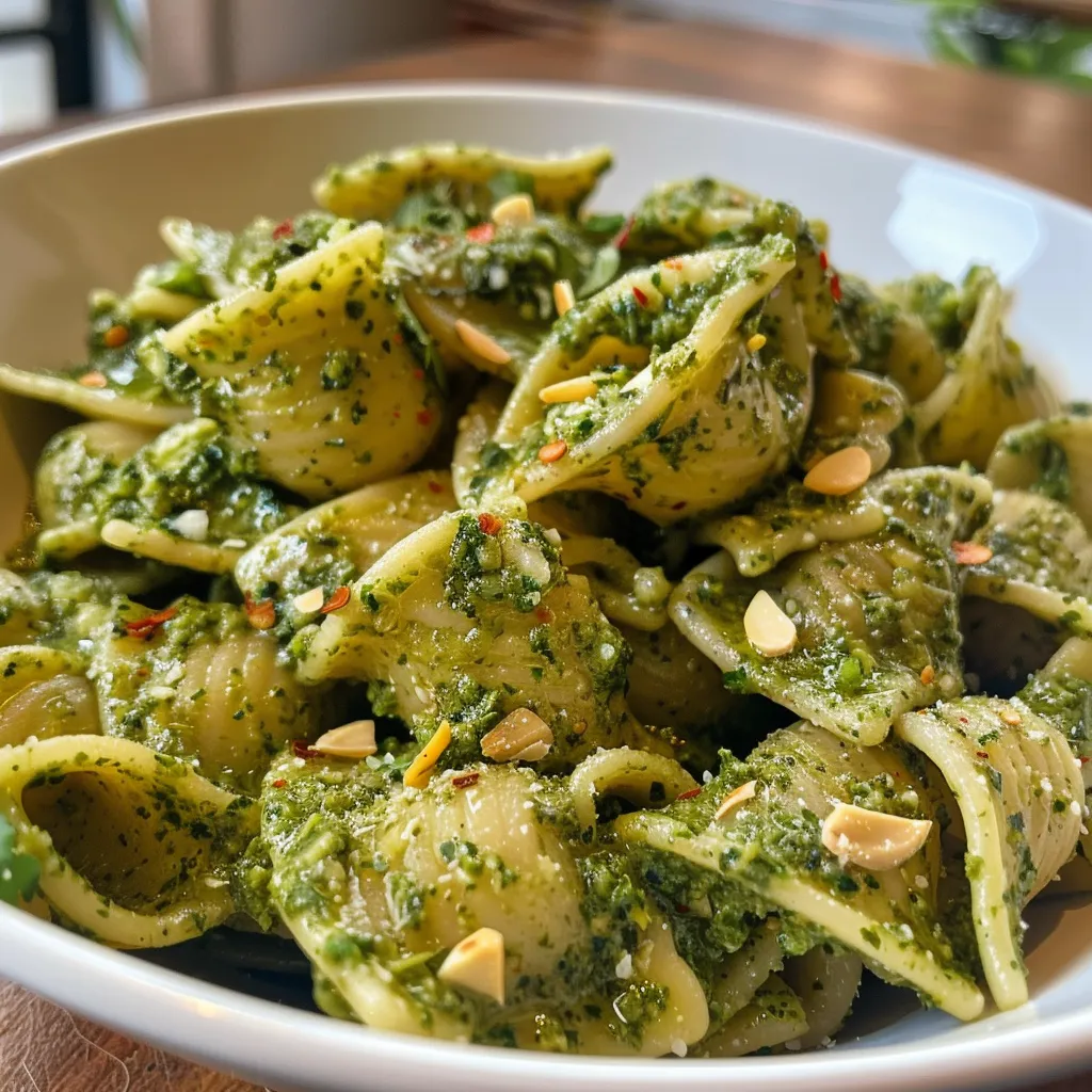 ['Pasta con pesto de cilantro, vista lateral, en un plato.', 'Close-up de pasta cremosa con salsa de cilantro y almendras.', 'Tazón con pasta pesto de cilantro, mostrando su textura cremosa.', 'Pasta decorada con salsa de cilantro y almendras, vista apetitosa.']