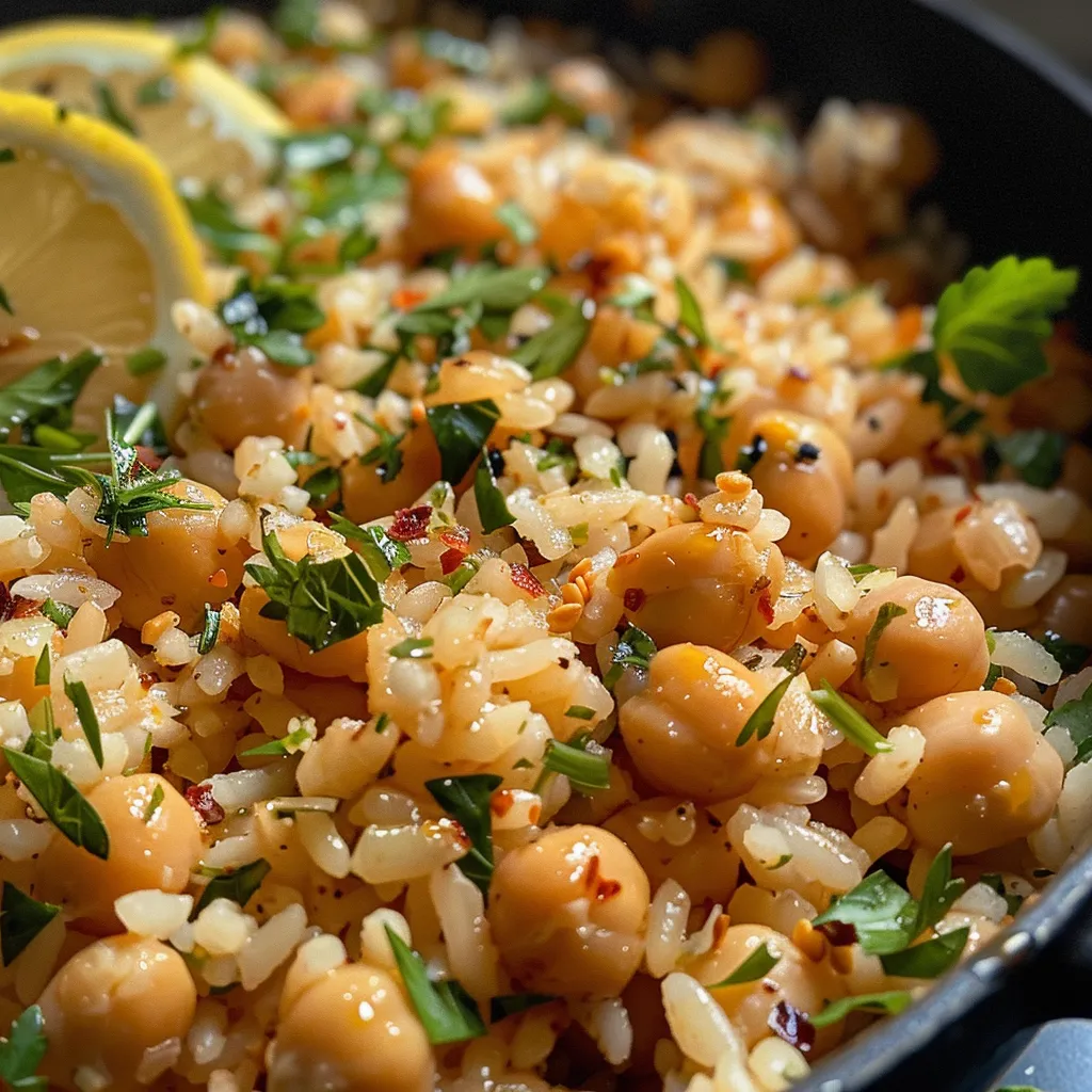 ['Arroz y frijoles mediterráneos con cúrcuma y limón asado.', 'Plato de arroz con garbanzos y especias, adornado con limón.', 'Primer plano de arroz y frijoles con color dorado y hierbas frescas.', 'Arroz y frijoles mediterráneos con limón caramelizado y cúrcuma.']