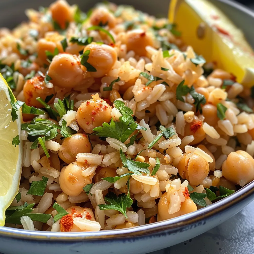 ['Arroz y frijoles mediterráneos con cúrcuma y limón asado.', 'Plato de arroz con garbanzos y especias, adornado con limón.', 'Primer plano de arroz y frijoles con color dorado y hierbas frescas.', 'Arroz y frijoles mediterráneos con limón caramelizado y cúrcuma.']