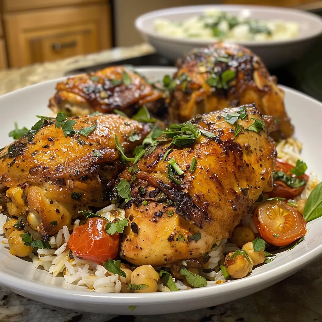 ['Pollo griego jugoso con arroz de limón en un plato.', 'Tazón de pollo griego y arroz de limón con tomates y espinacas.', 'Primer plano de pollo al horno con arroz, tomates y espinacas.', 'Comida lista: pollo griego y arroz de limón servido en un plato.']