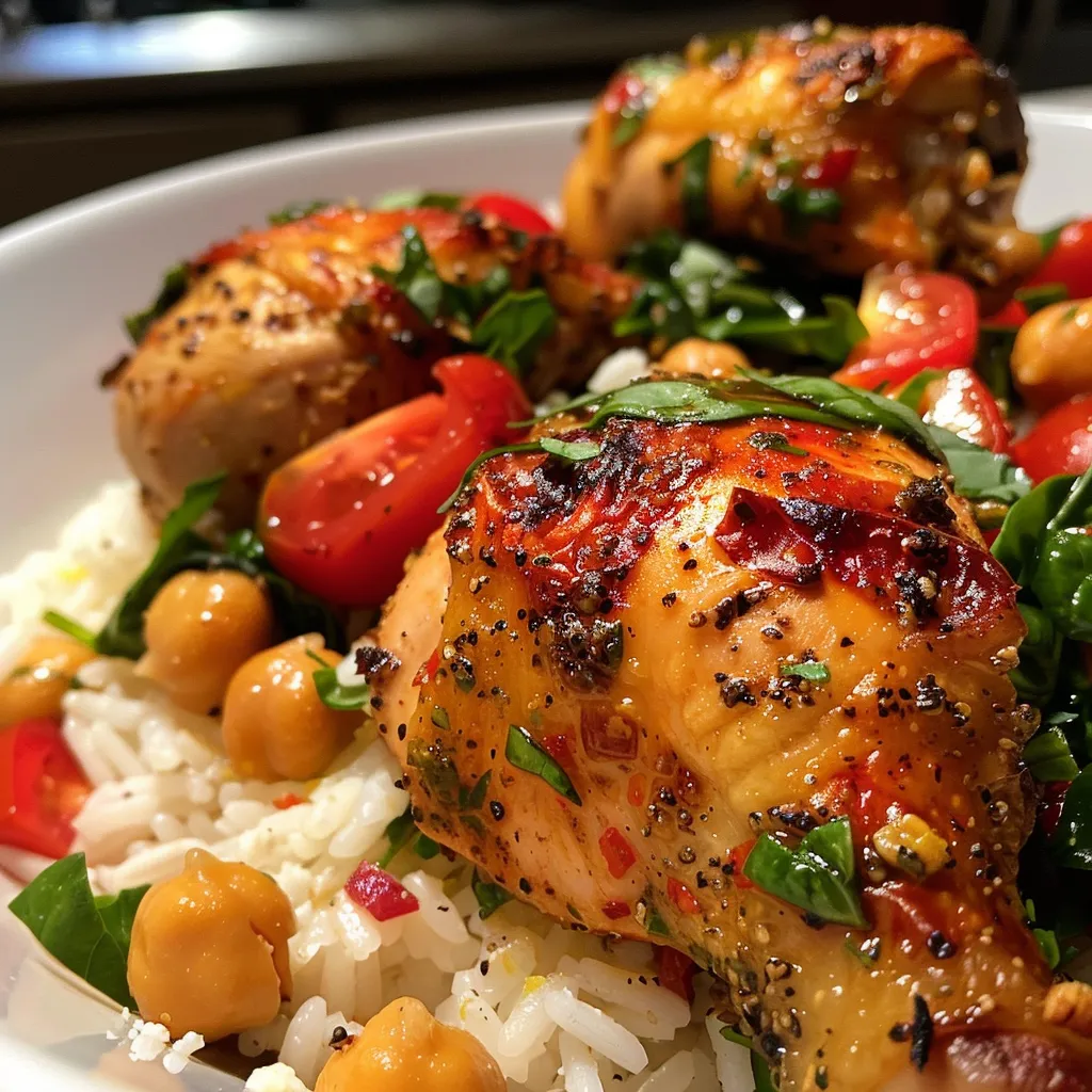 ['Pollo griego jugoso con arroz de limón en un plato.', 'Tazón de pollo griego y arroz de limón con tomates y espinacas.', 'Primer plano de pollo al horno con arroz, tomates y espinacas.', 'Comida lista: pollo griego y arroz de limón servido en un plato.']
