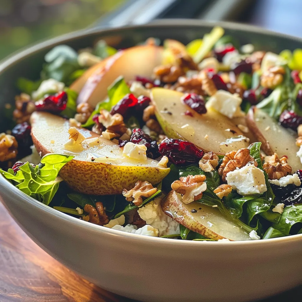 ['Ensalada de peras con nueces y queso feta en un plato.', 'Primer plano de una ensalada fresca de peras, nueces y feta.', 'Deliciosa ensalada de peras y nueces con aderezo en un tazón.', 'Vista lateral de una ensalada de peras, nueces y queso feta.']