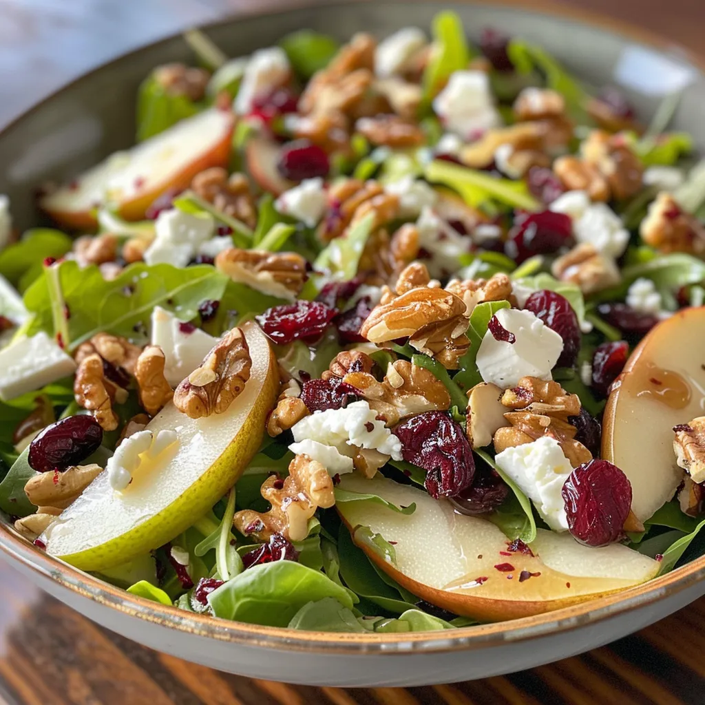 ['Ensalada de peras con nueces y queso feta en un plato.', 'Primer plano de una ensalada fresca de peras, nueces y feta.', 'Deliciosa ensalada de peras y nueces con aderezo en un tazón.', 'Vista lateral de una ensalada de peras, nueces y queso feta.']