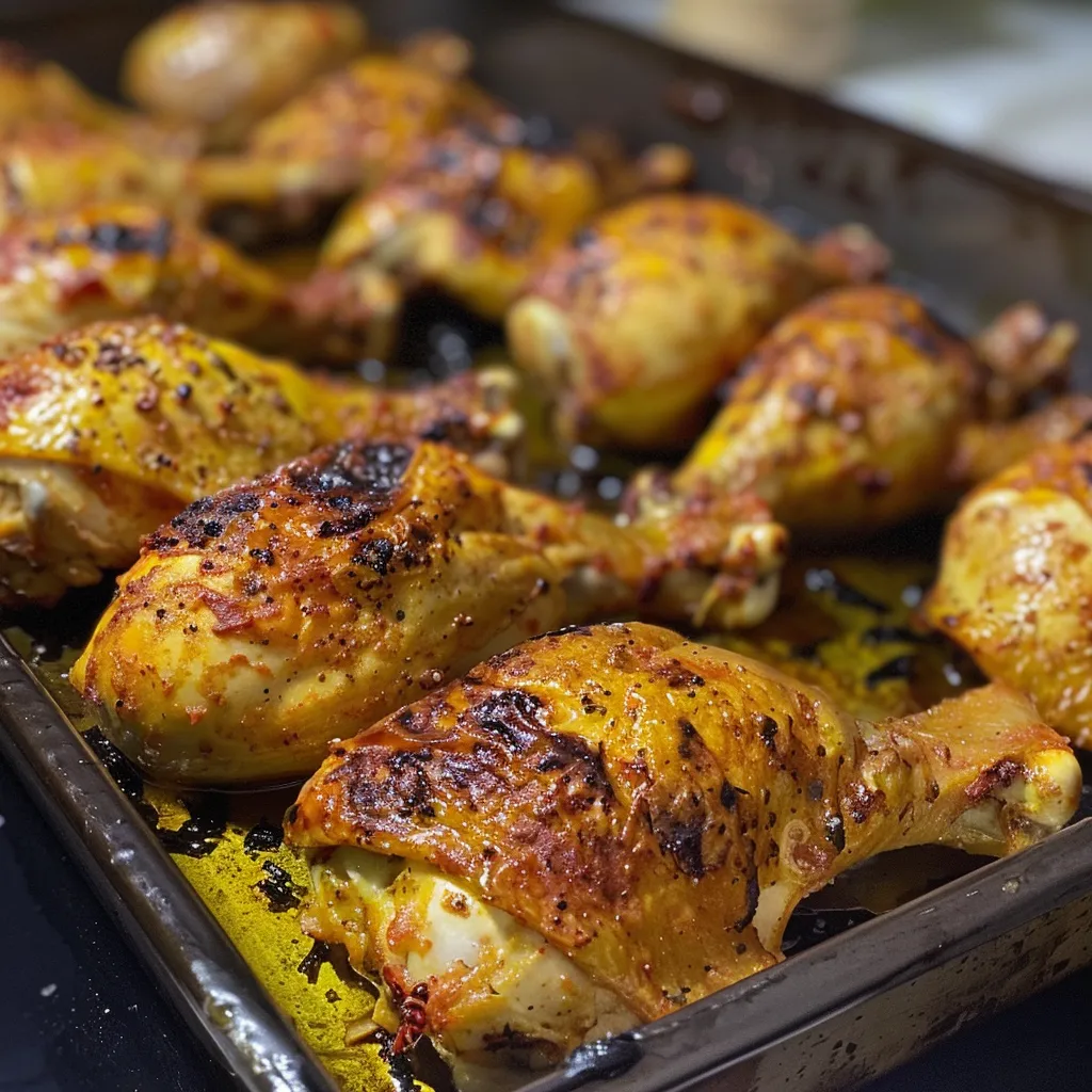 ['Pollo al horno con pimentón, dorado y jugoso.', 'Vista lateral de pollo al horno, sazonado con pimentón.', 'Plato de pollo al horno, con un aspecto apetitoso y brillante.', 'Close up de pollo al horno sazonado, listo para servir.']