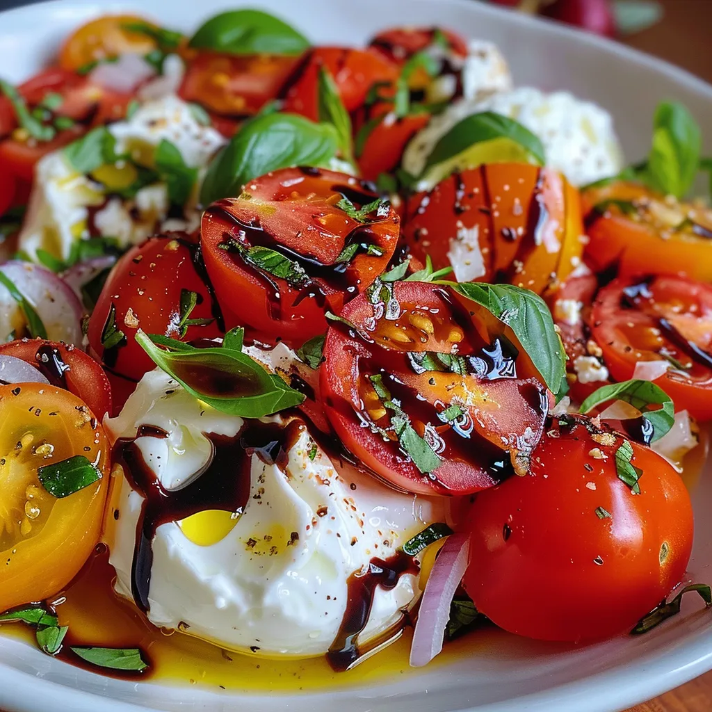 ['Ensalada de tomate y burrata con ingredientes frescos.', 'Primer plano de una ensalada de burrata y tomates cherry.', 'Plato colorido de ensalada de burrata y tomates frescos.', 'Ensalada de burrata acompañada de albahaca y cebolla roja.']