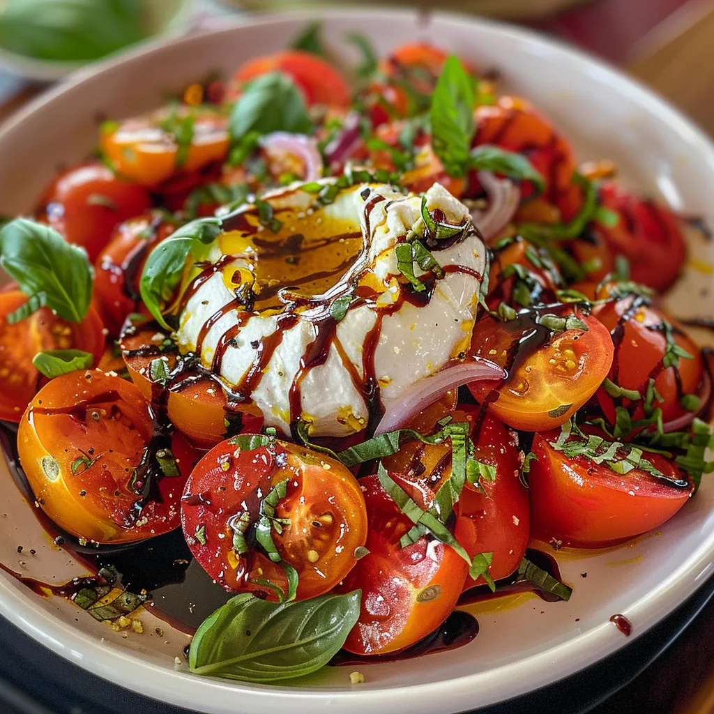 ['Ensalada de tomate y burrata con ingredientes frescos.', 'Primer plano de una ensalada de burrata y tomates cherry.', 'Plato colorido de ensalada de burrata y tomates frescos.', 'Ensalada de burrata acompañada de albahaca y cebolla roja.']
