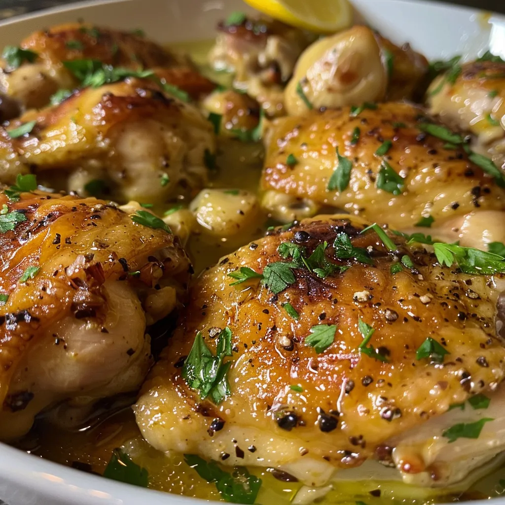 ['Pollo griego al ajo con limón y orégano en un plato.', 'Vista lateral de un plato de pollo marinado con ajo y limón.', 'Delicioso pollo al ajo, servido con rodajas de limón y hierbas frescas.', 'Primer plano de pollo griego al ajo acompañado de limón y orégano.']
