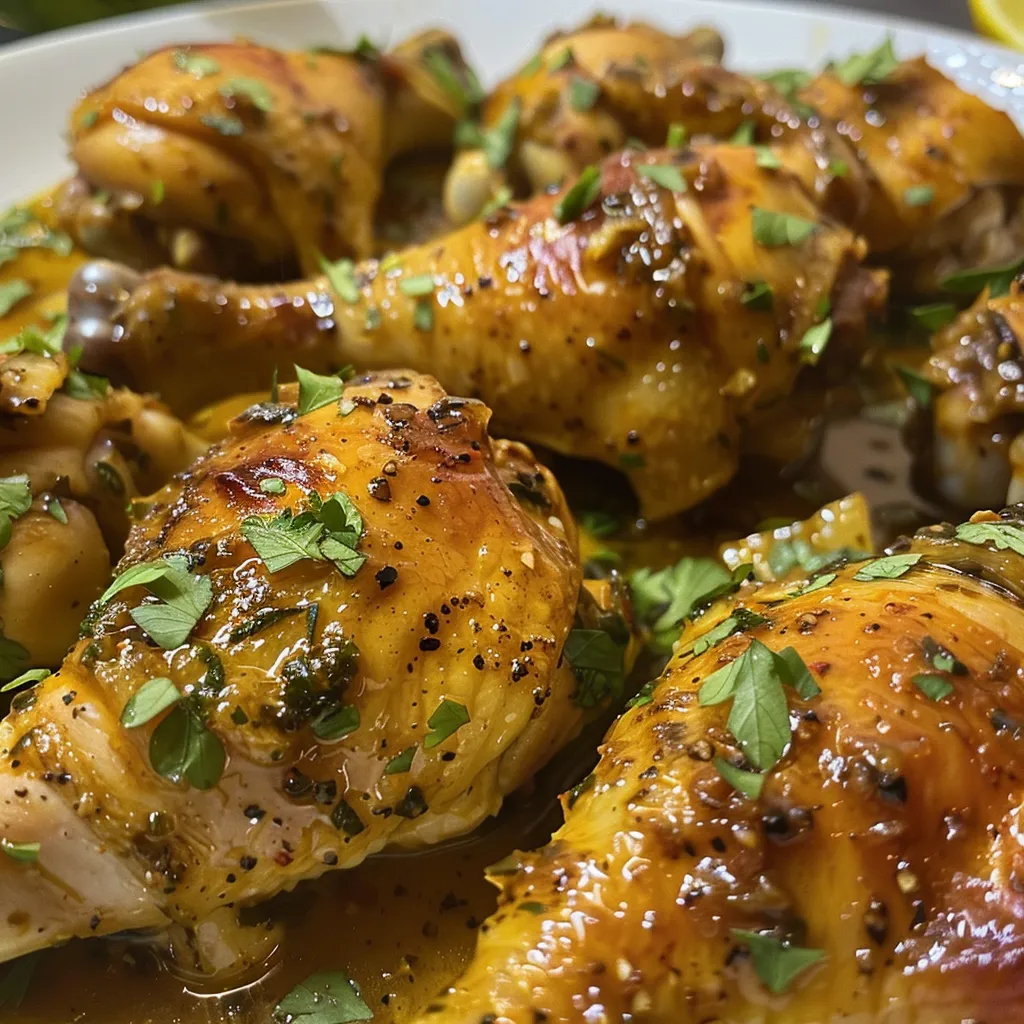 Pollo griego al ajo con limón y orégano en un plato.