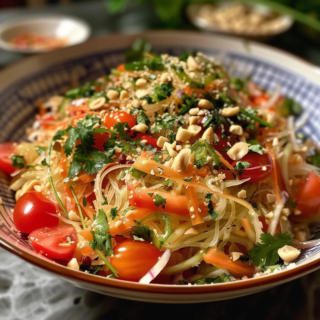 ['Ensalada de papaya verde tailandesa con ingredientes frescos y coloridos.', 'Primer plano de una ensalada de papaya verde con tomates cherry y cacahuates.', 'Close up de una ensalada tailandesa de papaya verde y vegetales frescos.', 'Detalle de ensalada de papaya verde con chiles y hierbas frescas.']