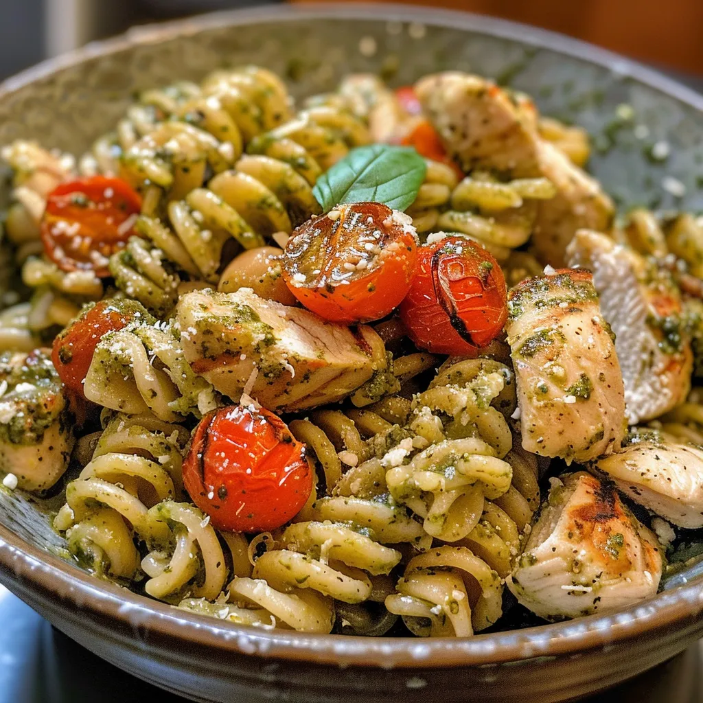 ['Placa de pasta con pollo a la parrilla y pesto.', 'Ensalada de pasta con pesto, pollo y tomates cherry.', 'Pasta integral con pollo a la parrilla y salsa de pesto.', 'Tazón de pasta pesto con trozos de pollo y queso parmesano.']