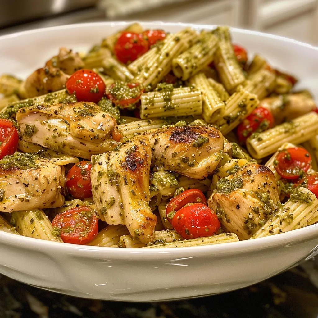 ['Placa de pasta con pollo a la parrilla y pesto.', 'Ensalada de pasta con pesto, pollo y tomates cherry.', 'Pasta integral con pollo a la parrilla y salsa de pesto.', 'Tazón de pasta pesto con trozos de pollo y queso parmesano.']