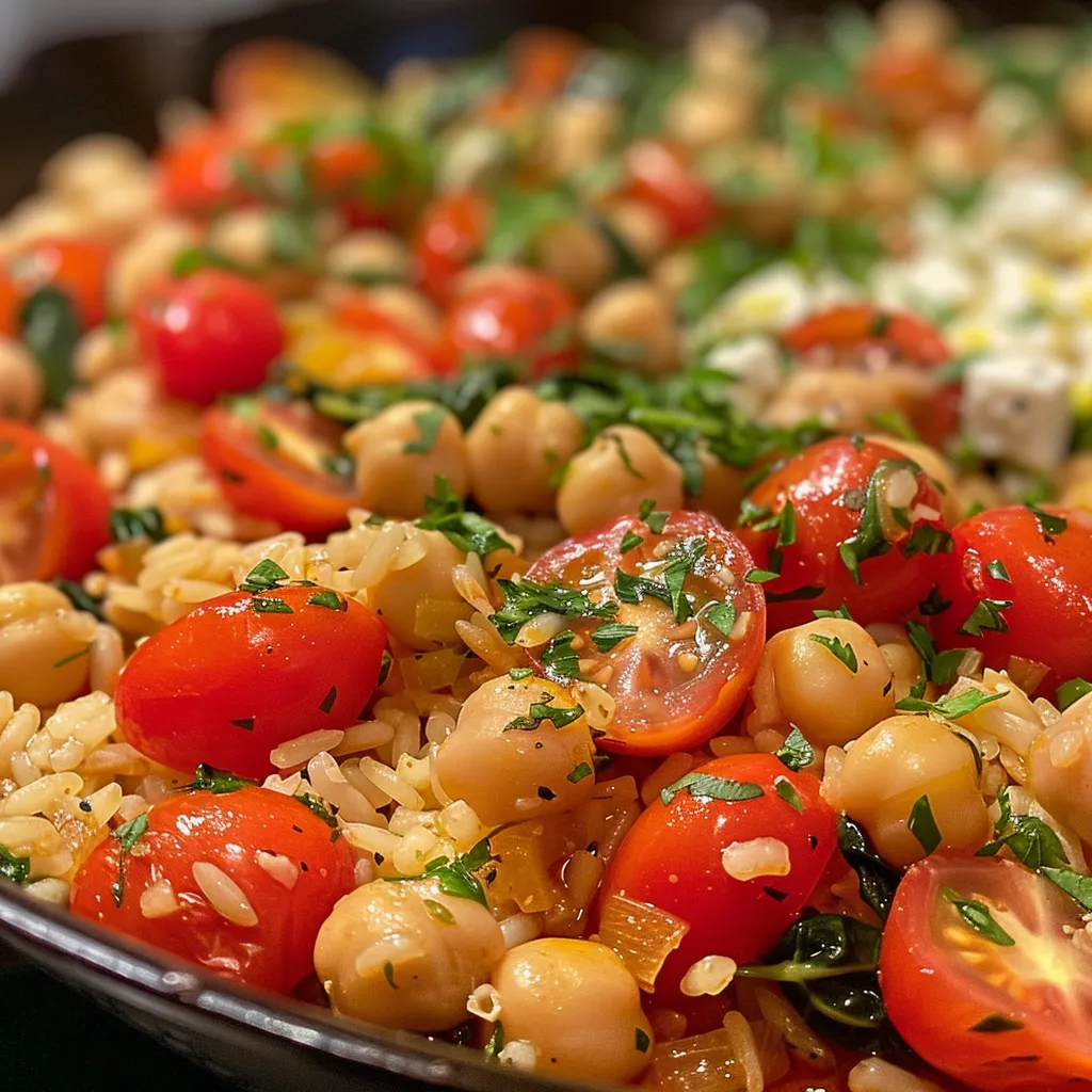 ['Arroz Mediterráneo con garbanzos, espinacas y tomates.', 'Plato de arroz con feta, garbanzos y verduras frescas.', 'Cercano a un plato de arroz mediterráneo con ingredientes coloridos.', 'Comida saludable de arroz con garbanzos y vegetales.']