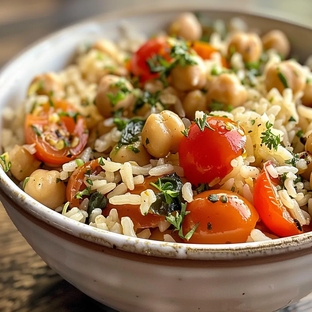 ['Arroz Mediterráneo con garbanzos, espinacas y tomates.', 'Plato de arroz con feta, garbanzos y verduras frescas.', 'Cercano a un plato de arroz mediterráneo con ingredientes coloridos.', 'Comida saludable de arroz con garbanzos y vegetales.']