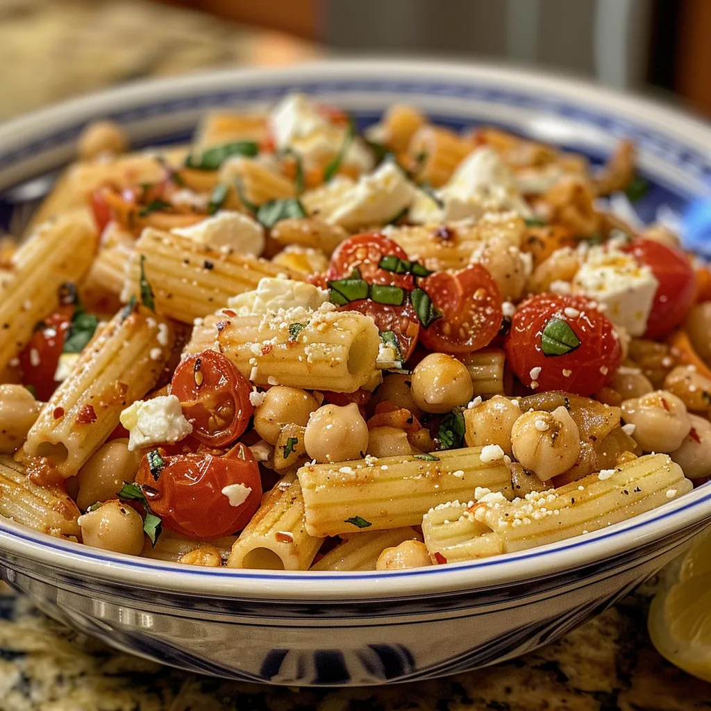 ['Pasta al horno con feta y garbanzos en un plato.', 'Primer plano de pasta feta horneada con tomates y garbanzos.', 'Platillo de pasta con feta, garbanzos y albahaca fresca.', 'Pasta horneada con queso feta y verduras coloridas.']