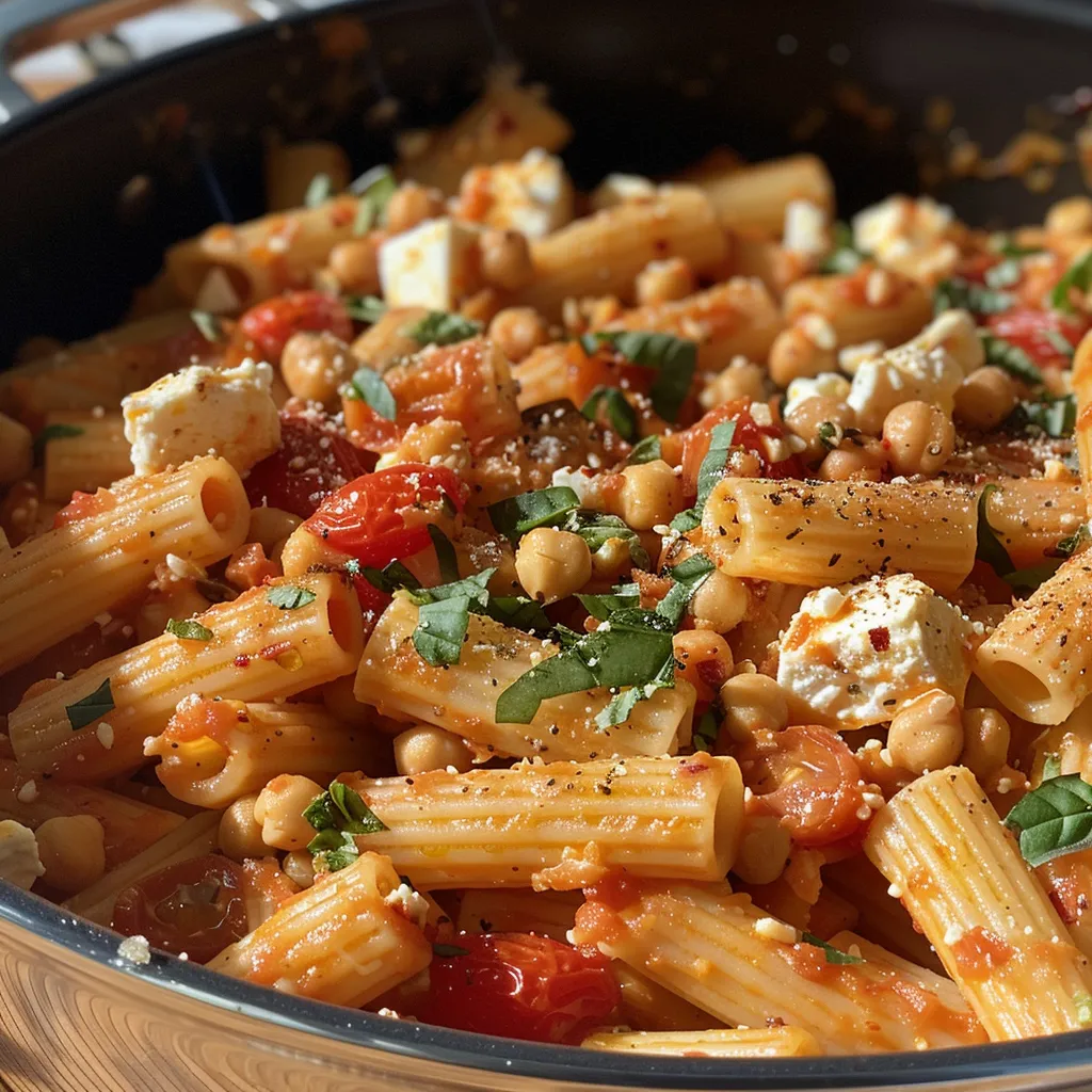 ['Pasta al horno con feta y garbanzos en un plato.', 'Primer plano de pasta feta horneada con tomates y garbanzos.', 'Platillo de pasta con feta, garbanzos y albahaca fresca.', 'Pasta horneada con queso feta y verduras coloridas.']