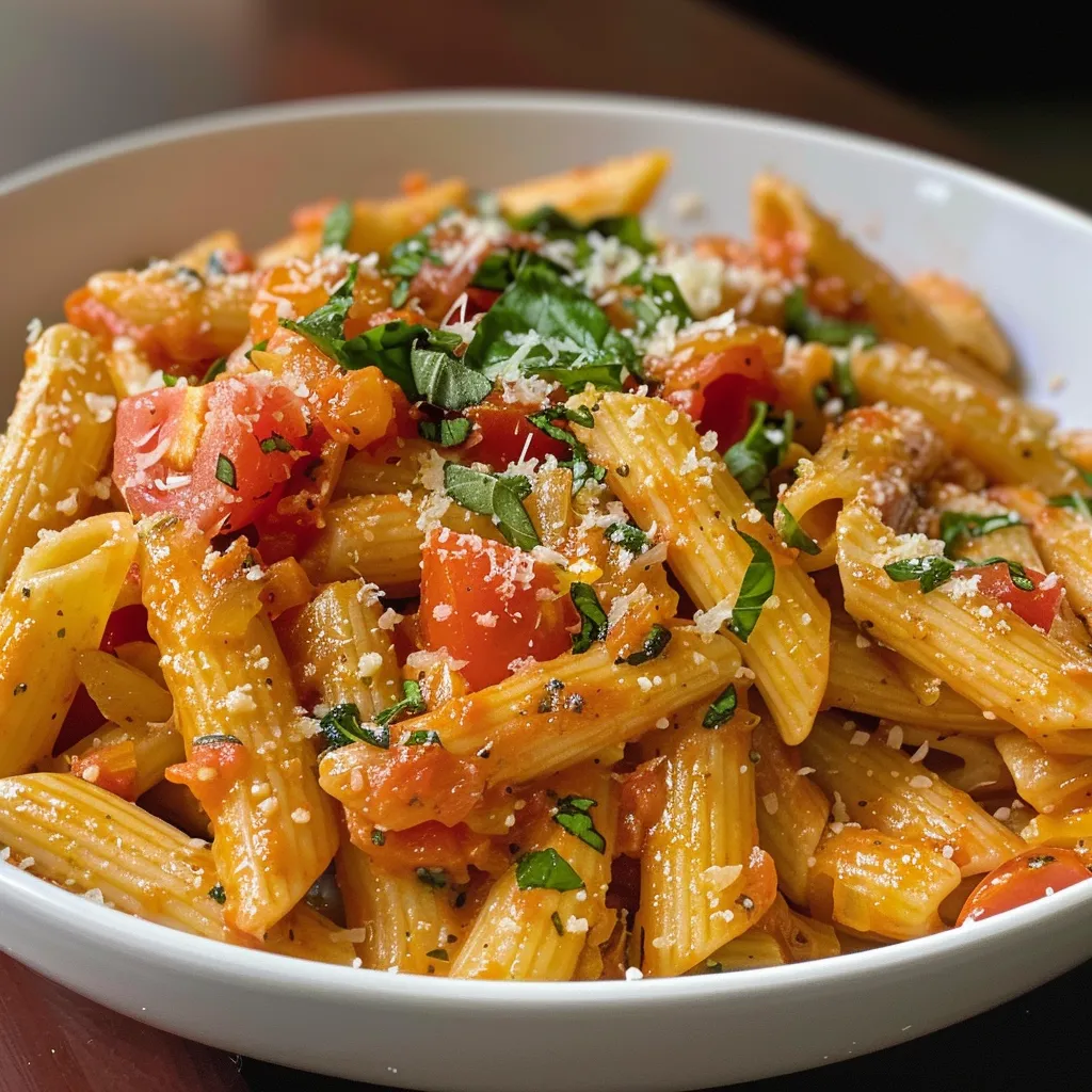['Plato de pasta cremosa con tomate y albahaca, presentado de lado.', 'Pasta con salsa cremosa de tomate y albahaca, vista lateral.', 'Detalle de pasta cremosa, tomates cherry y hojas de albahaca.', 'Porción de pasta cremosa con ingredientes frescos de tomate y albahaca.']