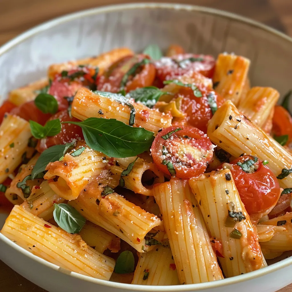 ['Plato de pasta cremosa con tomate y albahaca, presentado de lado.', 'Pasta con salsa cremosa de tomate y albahaca, vista lateral.', 'Detalle de pasta cremosa, tomates cherry y hojas de albahaca.', 'Porción de pasta cremosa con ingredientes frescos de tomate y albahaca.']