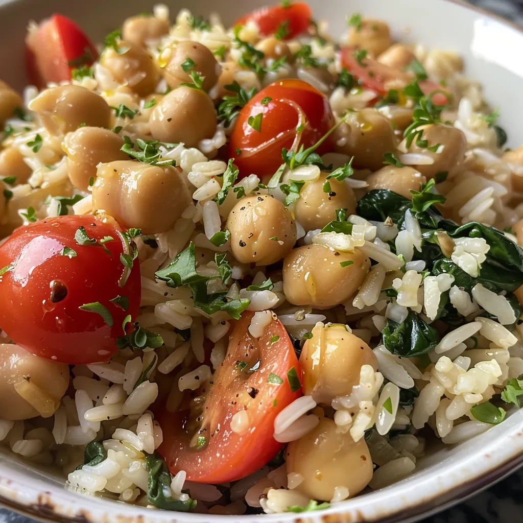 ['Plato de arroz mediterráneo con garbanzos, espinacas y feta.', 'Close up de arroz con tomate, espinaca y garbanzos.', 'Detalle de arroz al limón con garbanzos y verduras frescas.', 'Arroz mediterráneo servido con espinacas y queso feta.']