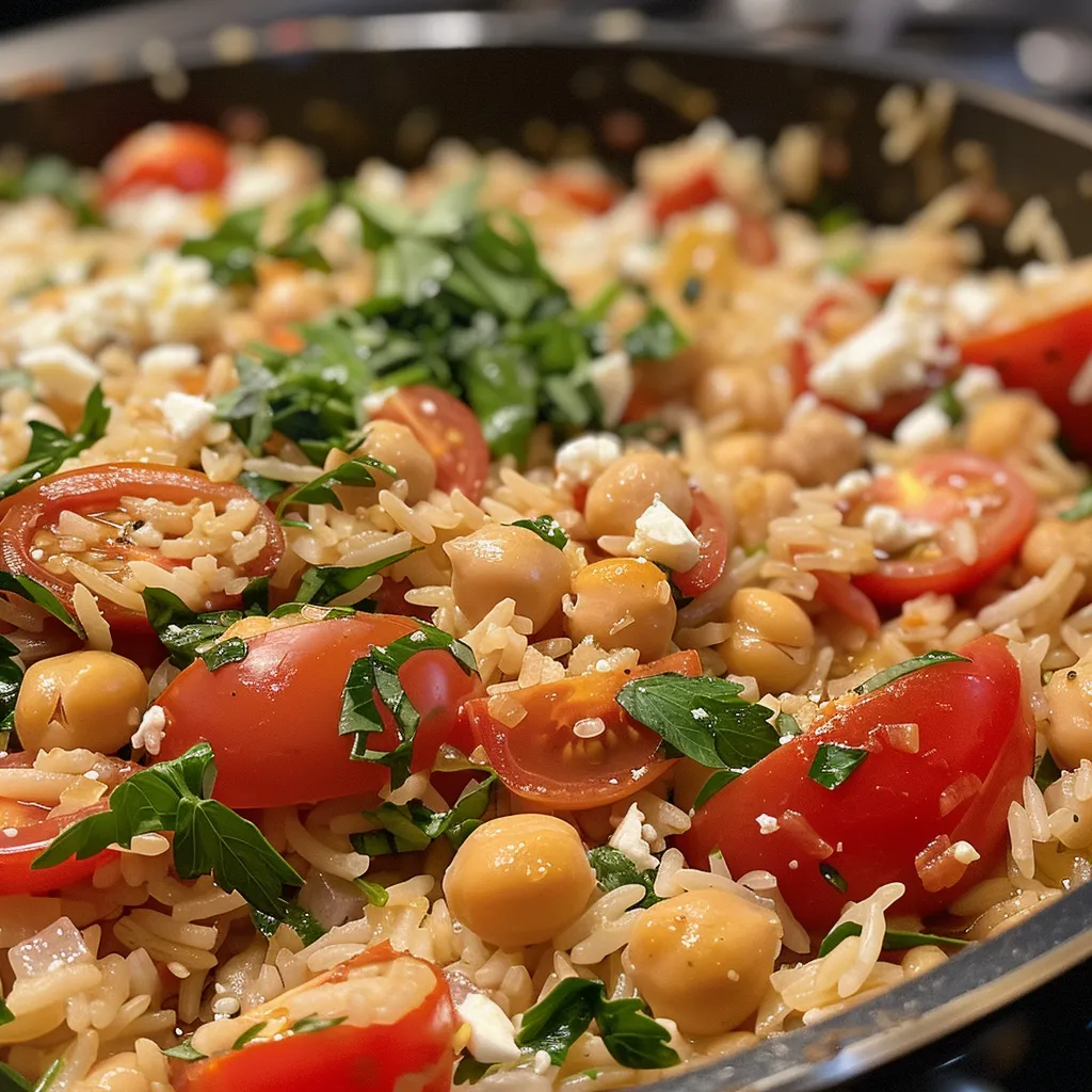 ['Plato de arroz mediterráneo con garbanzos, espinacas y feta.', 'Close up de arroz con tomate, espinaca y garbanzos.', 'Detalle de arroz al limón con garbanzos y verduras frescas.', 'Arroz mediterráneo servido con espinacas y queso feta.']